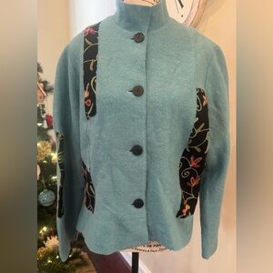 Canvasbacks Vintage Blue Teal Wool Cardigan Jacket Black Embroidered Panels Lrge